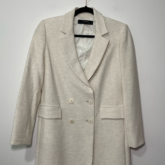 Zara women's cream double breasted above knee ribbed crinkle blazer in size S - Picture 2 of 8